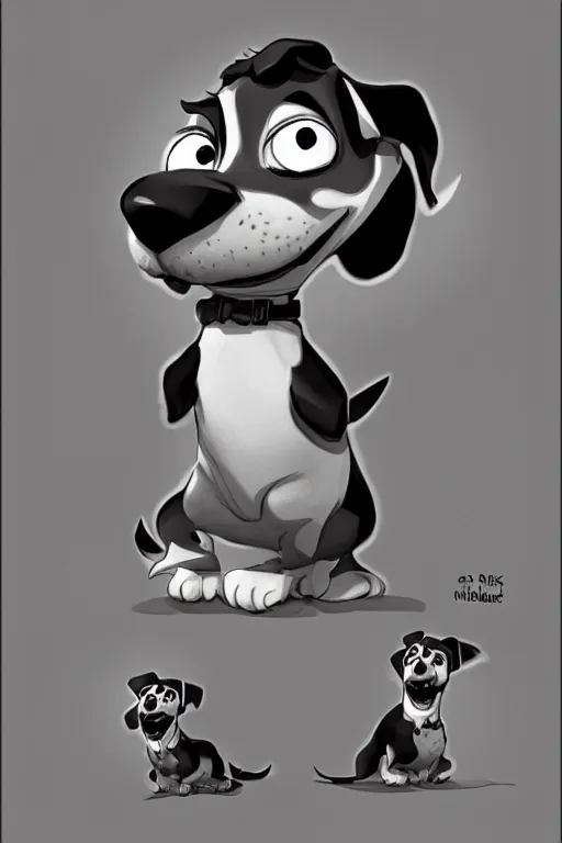 Image similar to cute jack black and white russel terrier smiling at the viewer, large round eyes, concept art, game art, character sheet, character design, sketch by cory loftis and bill schwab