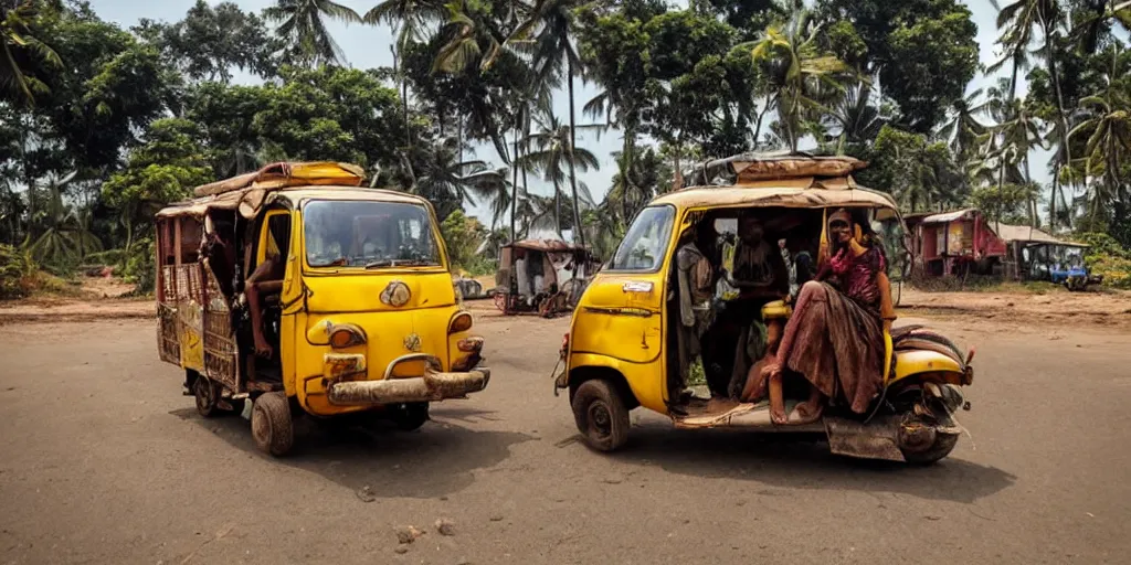 Prompt: sri lankan mad max style, driving a tuk tuk, film still, epic shot cinematography, rule of thirds