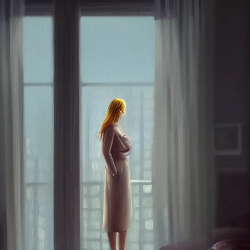 Image similar to oil painting of a beautiful woman in a cozy, comfort home, dimly lit, modern apartment, city from the window, insanely detailed, artstation, digital painting, cinematic lighting