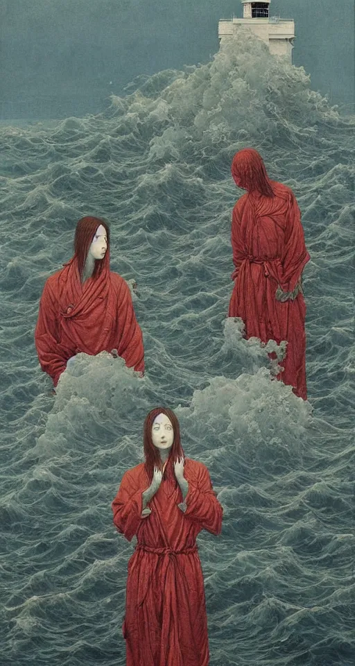 Prompt: worshippers in robes belonging to the cult of the lighthouse standing in waves, a lighthouse, high detailed beksinski painting, part by adrian ghenie and gerhard richter. art by takato yamamoto. masterpiece, deep colours, blue