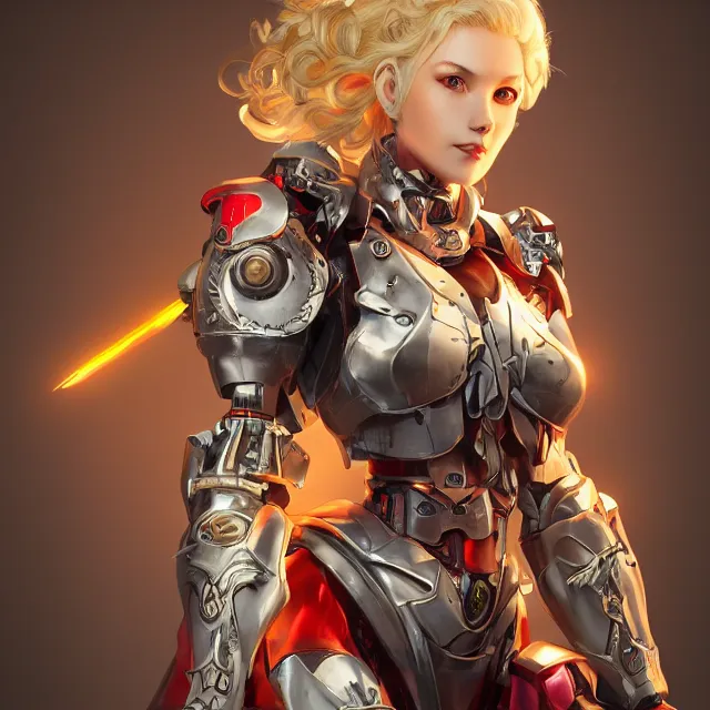 Prompt: studio portrait of lawful good colorful female holy mecha paladin absurdly beautiful, elegant, mature blonde gravure idol, ultrafine hyperrealistic detailed face illustration by irakli nadar, intricate linework, sharp focus, bright colors, matte, octopath traveler, unreal engine 5 highly rendered, global illumination, radiant light, intricate environment
