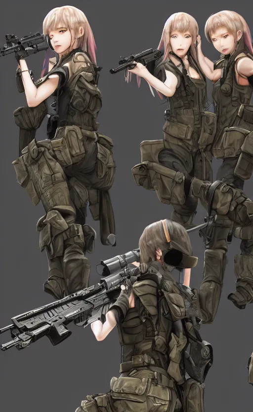 Prompt: highly detailed, high resolution, character design art, stunning, volumetric lightning, realistic guns, girls frontline style, matte, sharp focus, 130mm, 3d render, artstation, by yusuke kozaki, professional result, realistic human anatomy, simple design, realistic military gear, metal gear style, cell shading tecnique