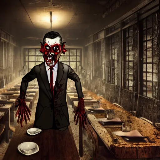 Prompt: waiter angry zombie, detailled portrait, restaurant interior, feeling of grimdark horror, daytime, high contrast, ultra intricate detailed, octane render, unreal engine, style of a dusk falls