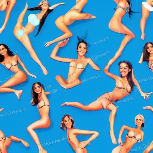 Image similar to wallpaper seamless pattern of beautiful women in bikini in various poses, realistic photo, blue background