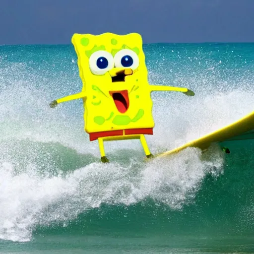 Image similar to real life spongebob, surfing in the sea