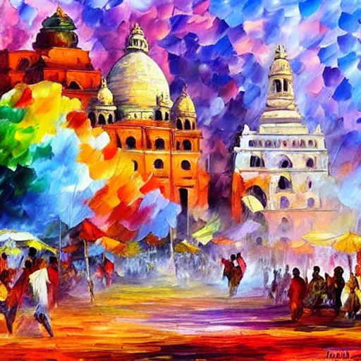 Image similar to People playing holi in Varanasi, with temples in the background, color in the air, Kai Fine Art by Leonid Afremov, by Guy Billoutread