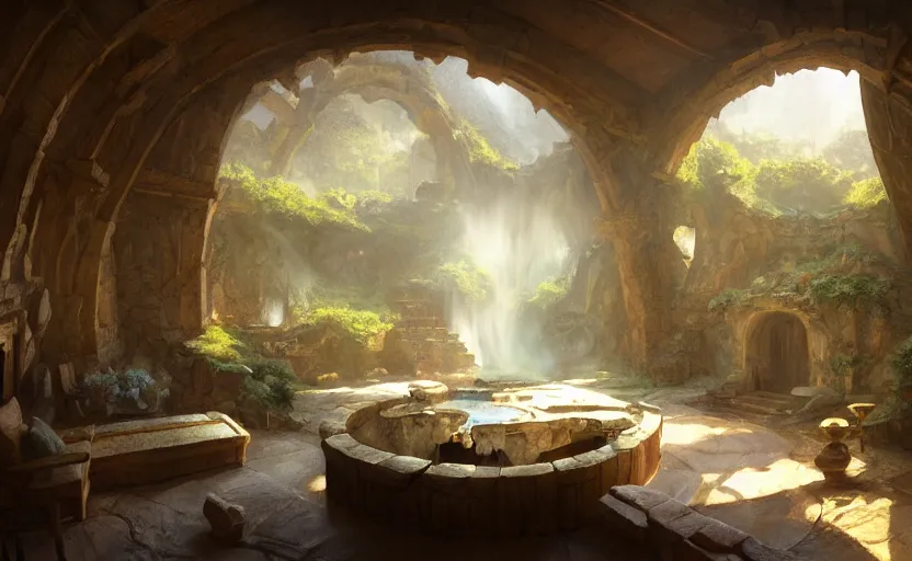 Prompt: painting of an interior of a hidden circular complex carved inside a mountain living quarters overlooking the great room, small hot spring and lush garden outside, other bedrooms can be seen, natural light, fantasy, natural light, concept art, by greg rutkowski and craig mullins, cozy atmospheric and cinematic lighting, trending on artstation