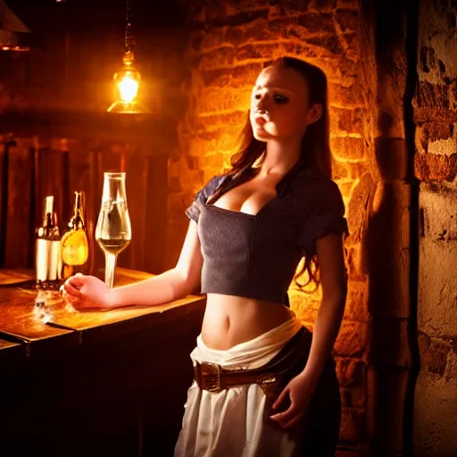 Prompt: young attractive beautiful bar maid in a medieval tavern at night, cinematic, filmic, studio lighting