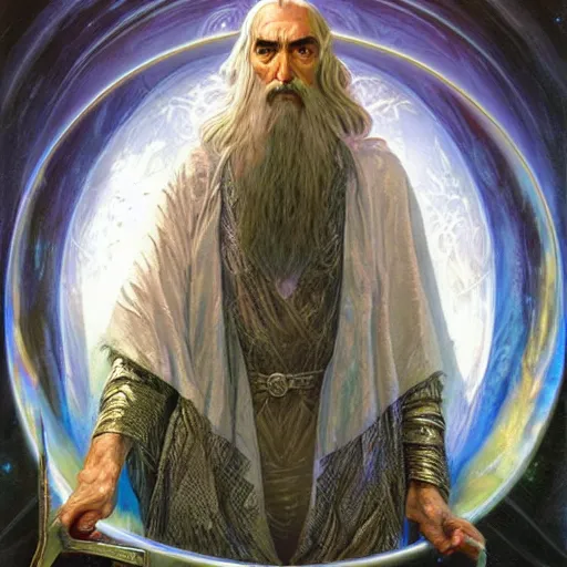 Image similar to majestic Saruman the wise white shimmer wizard gazing at dark Palantir crystal ball by Mark Brooks, Donato Giancola, Victor Nizovtsev, Scarlett Hooft, Graafland, Chris Moore