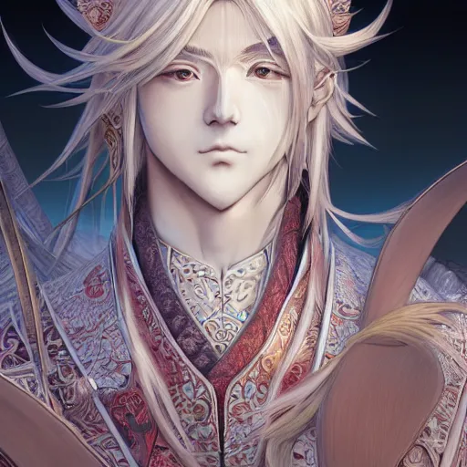 Image similar to an immortal xianxia cultivator with long blonde hair as an absurdly handsome, elegant, young anime man, ultrafine hyperrealistic detailed face illustration by kim jung gi, irakli nadar, intricate linework, sharp focus, bright colors, matte, gujian, final fantasy, unreal engine highly rendered, global illumination, radiant light, intricate environment