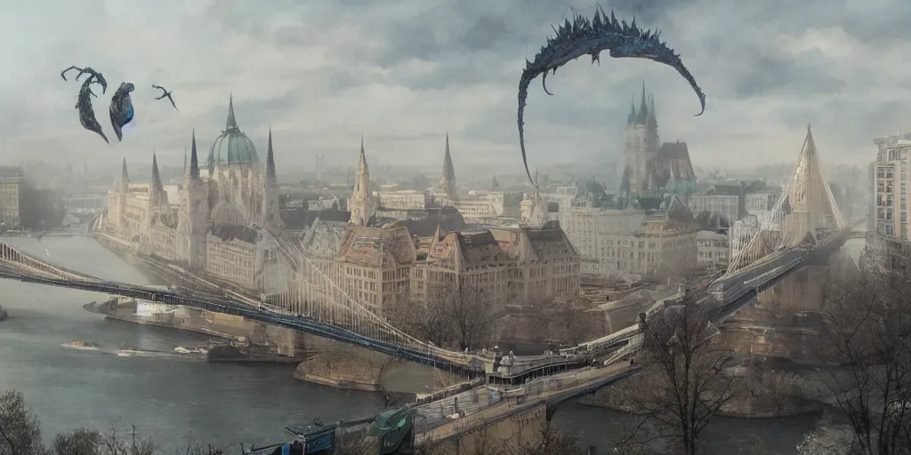 Image similar to kaiju attack in budapest, chain bridge painting, greg rutkowski detailed, rule of thirds, cinematic