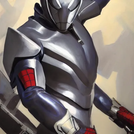 Prompt: greg manchess portrait painting of armored spiderman ultraman grey fox from metal gear cyborg japanese - american hybrid as overwatch character, medium shot, asymmetrical, profile picture, organic painting, sunny day, matte painting, bold shapes, hard edges, street art, trending on artstation, by huang guangjian and ail elvgren and sachin teng