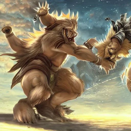 Prompt: anime style bear fighting a Leonin from Magic the Gathering, very detailed, fantasy art, city in the background
