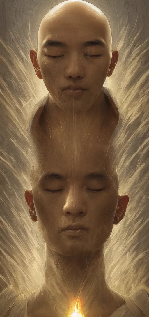 Prompt: ultra realistic illustration, a serene buddhist monk experiencing ego death, cyberpunk, sci-fi, fantasy, intricate, elegant, highly detailed, digital painting, artstation, concept art, smooth, sharp focus, illustration, art by artgerm and greg rutkowski and alphonse mucha, rene magritte, surrealism