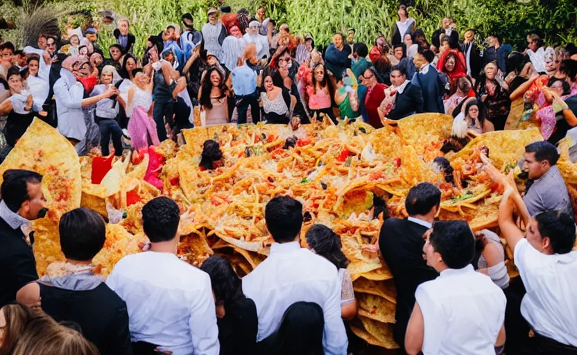 Prompt: a crowd of mexicans dancing around giant Nachos in a wedding,