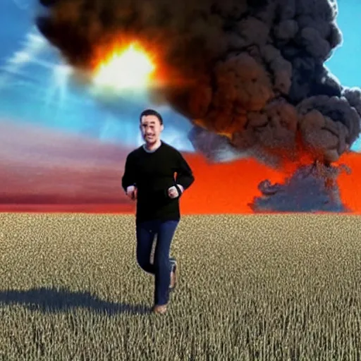 Image similar to cctv footage of a man running across a field, in the background is a large explosion, highly detailed, very realistic.