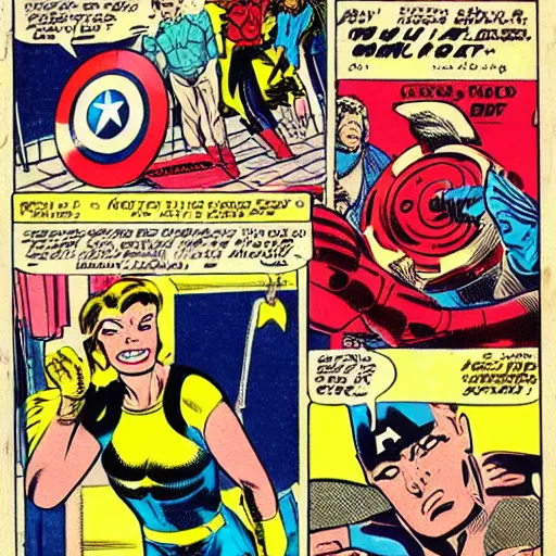 Image similar to avengers lost in backrooms, vintage comic