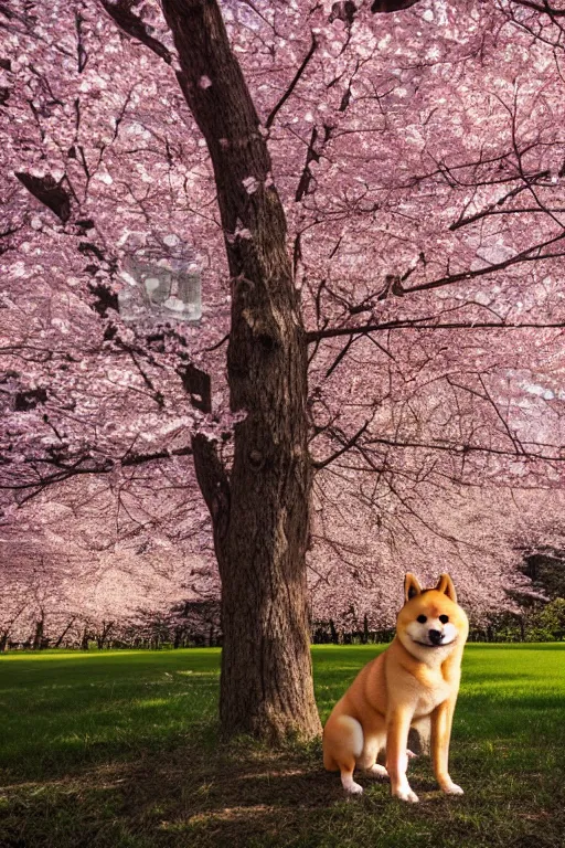 Image similar to shiba inu puppy sits under cherry blossom tree, cinematic light, 8k photography