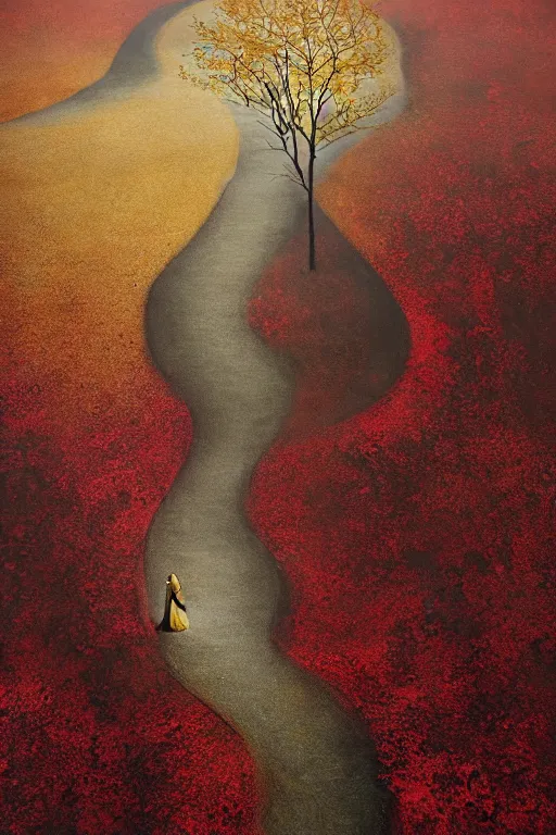 Image similar to immaculate painting of A Beautiful fine detailed gold and red and black Forest Illusion by erik johansson micro detailing