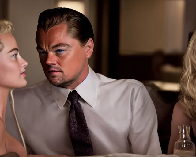 Image similar to leonardo dicaprio as the wolf of wall street next to margot robbie as naomi from the wolf of wall street, hyper realistic faces, cinematic, long shot, hyper detailed, 8 5 mm photograph, 8 k resolution, film still, sharp lens, wide lens