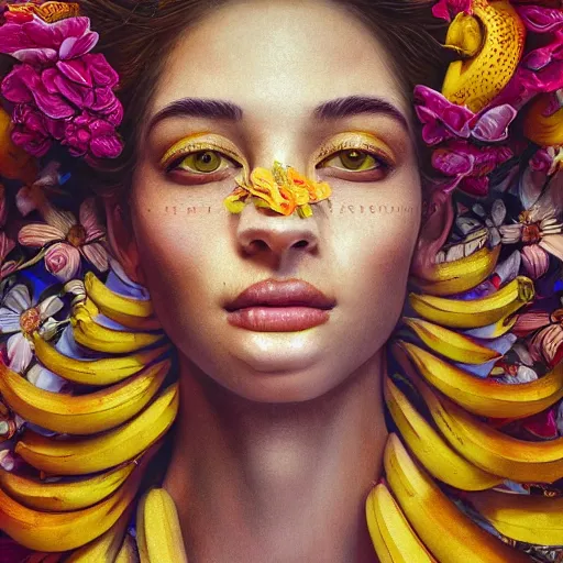 Image similar to the portrait of an incredibly beautiful, graceful, and elegant woman made of bananas and petals, an ultrafine detailed illustration by kim jung gi, irakli nadar, intricate linework, bright colors, final fantasy, behance contest winner, angular, unreal engine 5 highly rendered, global illumination, radiant light, detailed and intricate environment