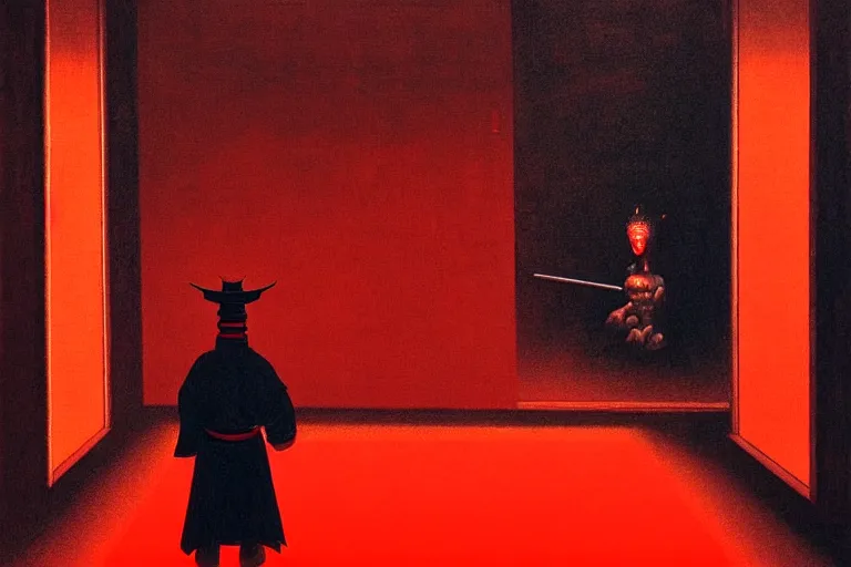 Image similar to only with red, a red samurai, tokio in background, some evil yokai, in the style of beksinski, parts by edward hopper, parts by rodcenko, parts by yue minjun, intricate and epic composition, red by caravaggio, insanely quality, highly detailed, masterpiece, red light, artstation, 4 k