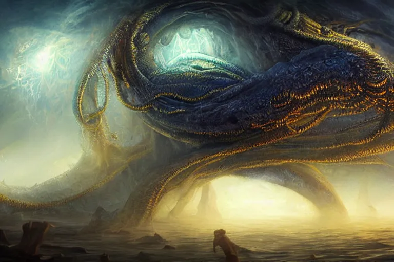 Image similar to ultra realist soft painting of a single lovecraftian gigantic creature, very intricate details, deep fog, golden ratio, volumetric rainbow lighting, reflections, refractions, symmetry accurate anatomy features, omnious background, unreal render