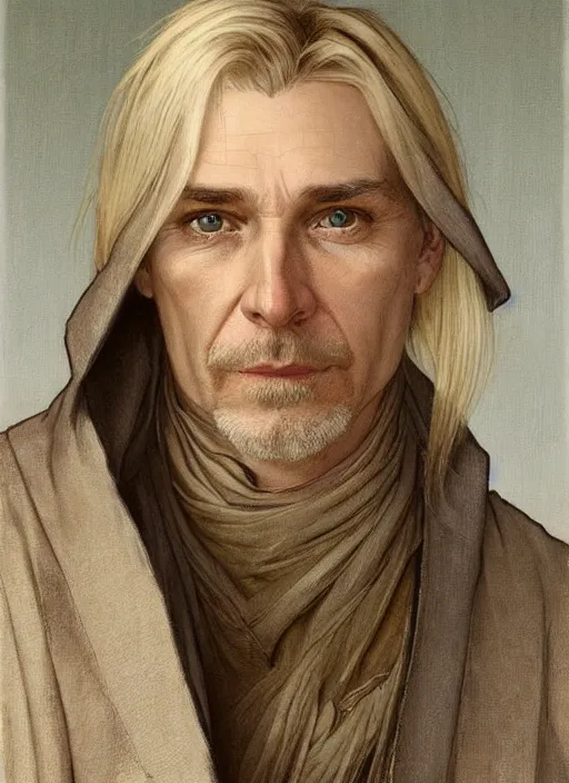 Image similar to a man aged 4 0 with blonde hair and hazel eyes and a friendly expression. he is clean shaven and wearing a grey cloak. head and shoulders portrait painting by artgerm and greg rutkowski and alphonse mucha.