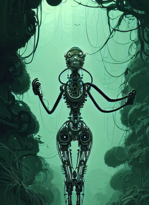 Image similar to highly detailed portrait of a biomechanical long curly white hair tribal lady, stray wiring by atey ghailan, james gilleard, by joe fenton, by greg rutkowski, by greg tocchini, by kaethe butcher, 4 k resolution, gradient green, black and white color scheme!!! ( ( forested robotic dense jungle background ) )