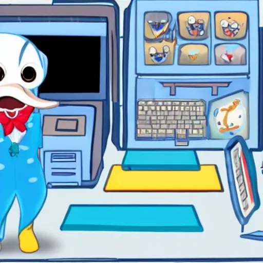 Prompt: An anthropomorphic dolphin dressed as a chemist, playing games on a computer