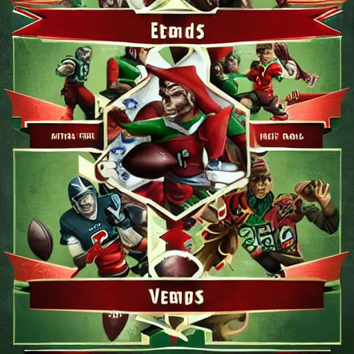 Image similar to blood bowl game finals poster, elves versus humans, nfl style, high quality