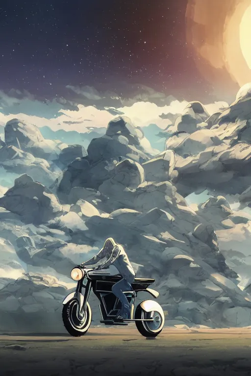 Image similar to walter white riding a futuristic motorcycle on an abandonment planet, high intricate details, rule of thirds, golden ratio, cinematic light, 8 k, octane render, anime style, graphic novel by fiona staples and dustin nguyen, art by beaststars and orange, peter elson, alan bean, studio ghibli, makoto shinkai