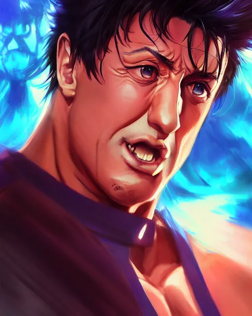 Image similar to anime portrait of Sylvester Stallone as an anime man by Stanley Artgerm Lau, WLOP, Rossdraws, James Jean, Andrei Riabovitchev, Marc Simonetti, and Sakimichan, trending on artstation