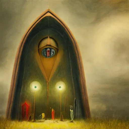 Image similar to eyeless watcher, dutiful return, golden age seraph bunkers, art by Leonora Carrington and Alexander Jansson, high detail, cinematic, cgsociety 8k