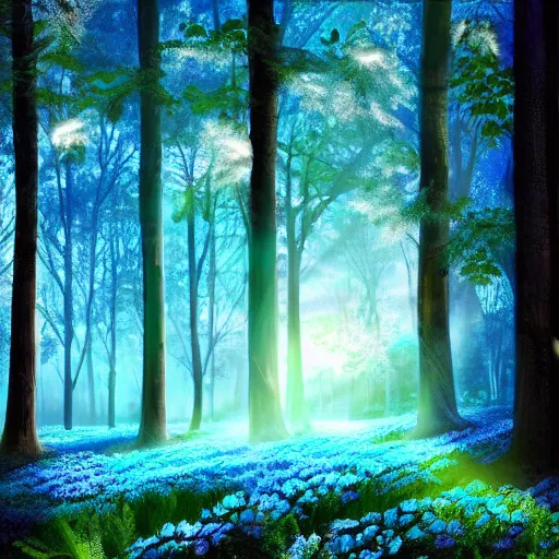 Prompt: digital painting mystical forest with teal ambient lighting and sunbeams, glowing blue flowers, hyper realistic, cinematic lighting