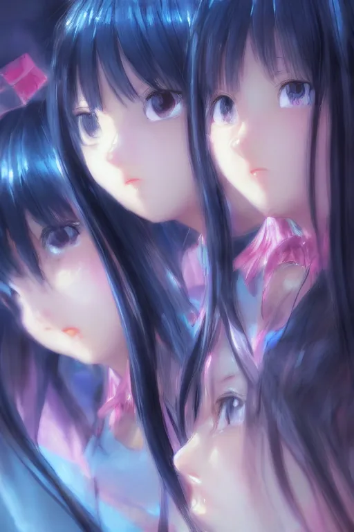 Prompt: 3d infrared octane render concept art by Mo Xiang Tong Xiu, by Igarashi Daisuke, by makoto shinkai, cute beauty cozy portrait anime sad schoolgirls under dark pink and blue tones, mirror room. light rays. deep water bellow. beautiful and cutest sad face. detailed face. dramatic deep light, trending on artstation, oil painting brush