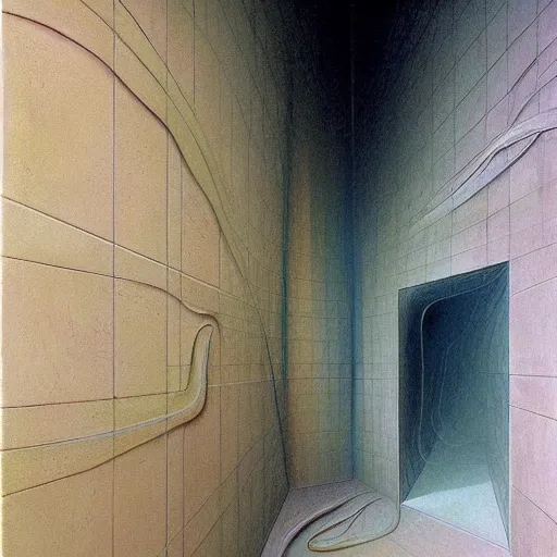 Prompt: painting of a steel scifi liminal space made of ceramic marble wall, iris van hapen ornamentation, bioluminiscent, syd mead, beksinski