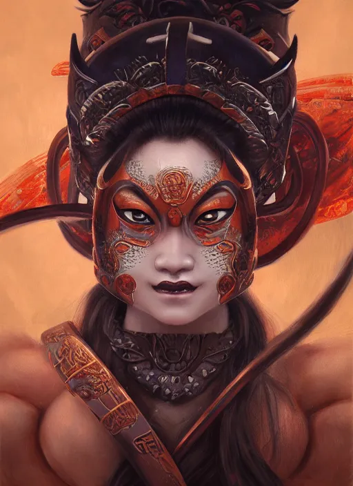 Image similar to a beautiful detailed oil on copper art illustration of a oni hannya mask shogun woman, centered, by charlie bowater, zeng fanzh, trending on artstation, dim dusk lighting, cinematic lighting, detailed lighting, volumetric lighting, realistic, f 8, 4 k hd wallpaper