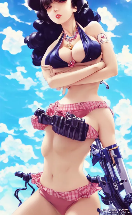 Image similar to a pin up and beautiful fashion charming dreamlkeanime cute girl in bikini with lv jewelry, character art, art by artgerm lau and kyoung hwan kim and and ilya kuvshinov and john singer sargent, hyperdetailed, 8 k realistic, symmetrical, frostbite 3 engine, cryengine, dof, trending on artstation, digital art