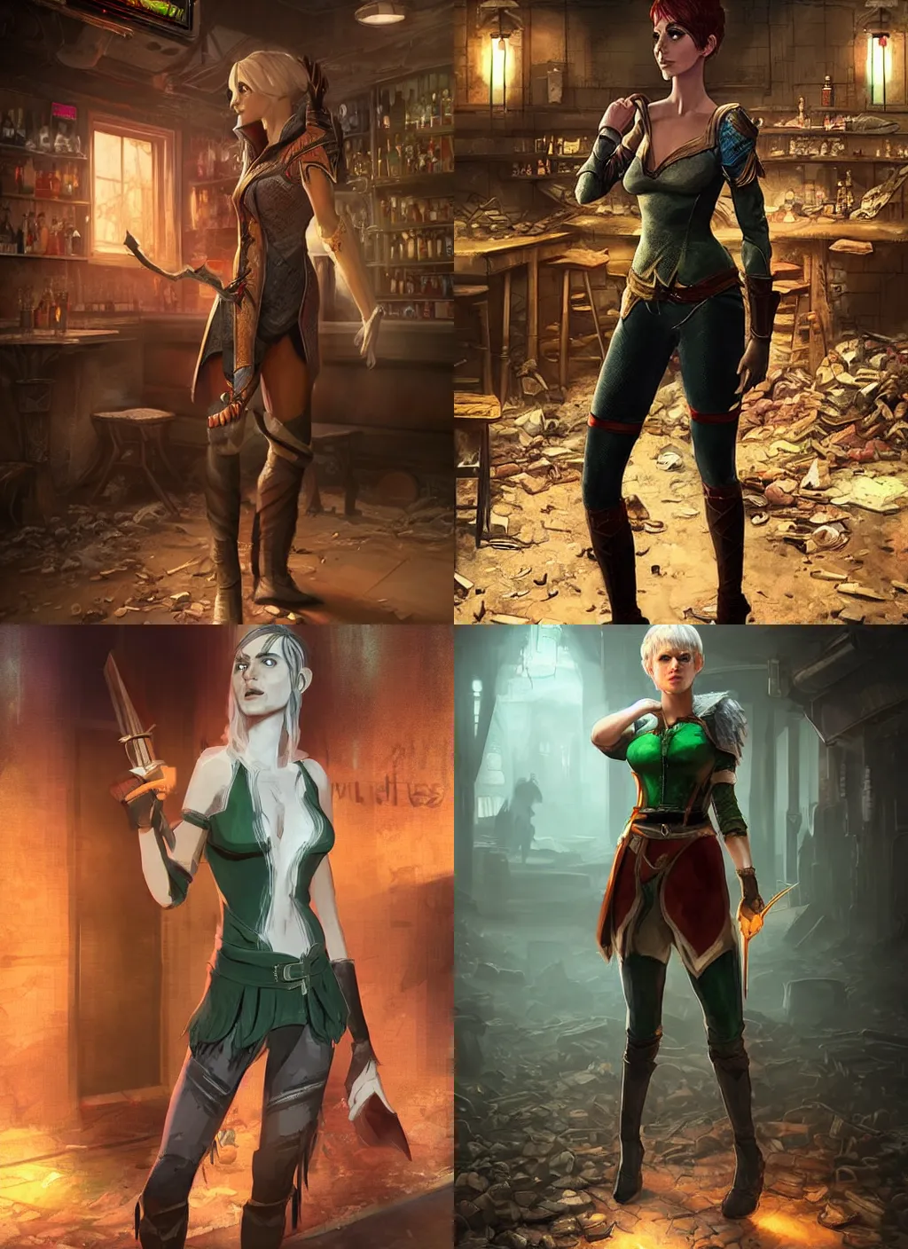 Prompt: full body character portrait of a female lavellan from dragon age walking through a destroyed dive bar wearing inquisitor clothes, with a realistically proportioned face, realistically rendered face, enhance face, 3 d model, headsculpt, illustration, digital painting, realistic lighting, photorealistic eyes, good value control, realistic shading