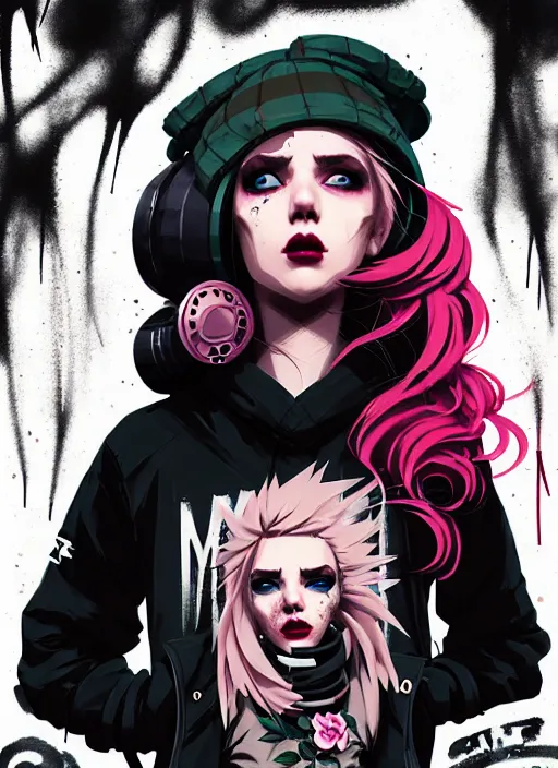 Image similar to highly detailed portrait of a sewer punk lady, tartan hoody, blonde ringlet hair by atey ghailan, by greg rutkowski, by greg tocchini, by james gilleard, by joe fenton, by kaethe butcher, gradient magenta, black, blonde cream and white color scheme, grunge aesthetic!!! ( ( graffiti tag wall background ) )