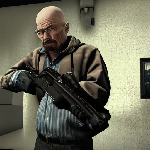 Image similar to walter white with a p 9 0 submachine gun in csgo, video game, third person, shooting at distant targets, high resolution