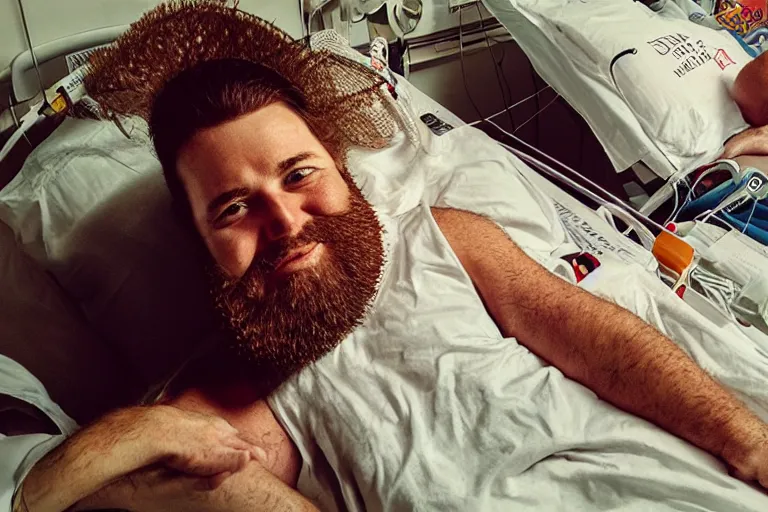 Prompt: “Happy man with big beard having summer vacation in Hospital bed. In the style of retro advertising”