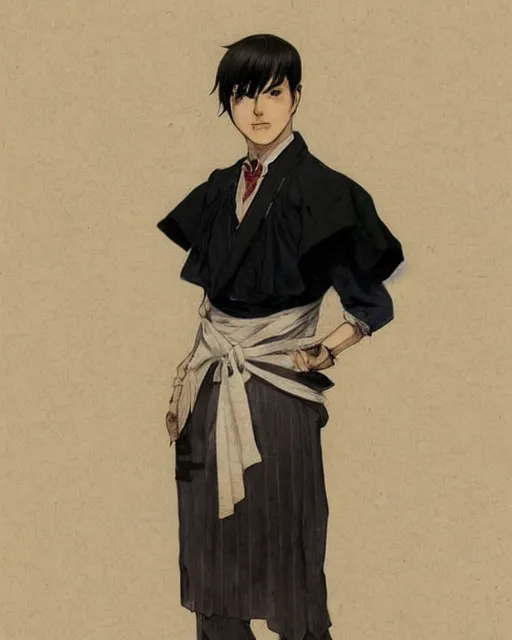 Prompt: full body cottagecore painting of Levi Ackerman, south Korean male, wearing a black and white maid dress, short, short hair, pointy nose, annoyed. elegant. highly detailed, digital painting, artstation, concept art, smooth, sharp, focus, illustration. art by artgerm and greg rutkowski alphonse mucha and Marat Safin