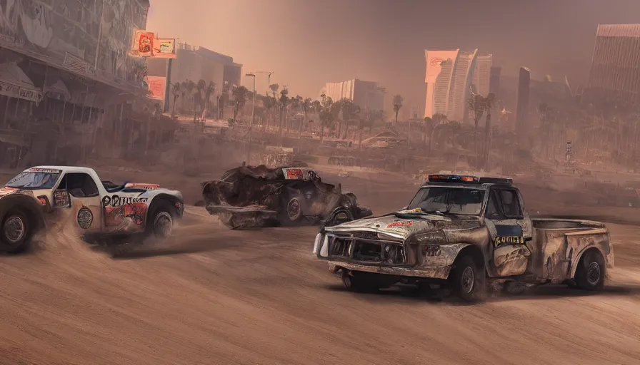 Image similar to truck racing in las vegas's ruins, sandstorm, lightning, fire, hyperdetailed, artstation, cgsociety, 8 k