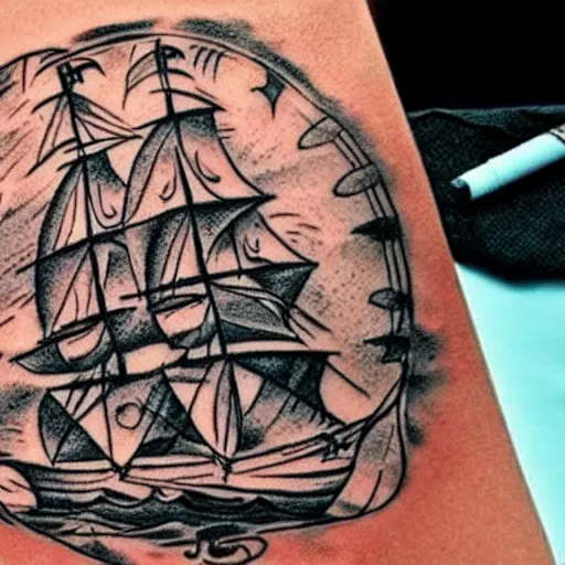 Prompt: sketch of a pirate ship tattoo idea