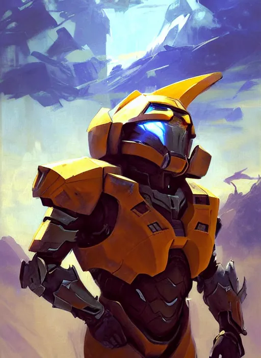 Image similar to Greg Manchess painting of a Corgi in a combination of Metroid Prime Armor and Forerunner Armor from Halo, countryside, calm, fantasy character portrait, dynamic pose, above view, sunny day, thunder clouds in the sky, artwork by Jeremy Lipkin and Giuseppe Dangelico Pino and Michael Garmash and Rob Rey, very coherent asymmetrical artwork, sharp edges, perfect face, simple form, 100mm