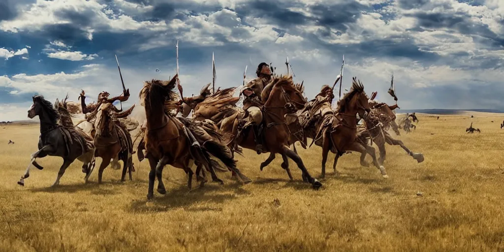 Image similar to promotional movie still of an action shot from the battle of little bighorn, custer's last stand, majestic horses, desperate action, dramatic hdr natural light, cinematic lighting, extremely high detail, photorealistic, imax 7 0 mm, iso 4 0 0, 8 k, 4 k, hq