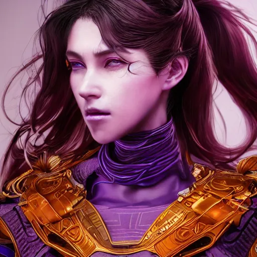 Image similar to close up portrait of a woman in smooth purple sci - fi armor, long black ponytail, elegant, intense, woman, an ultrafine hyperdetailed illustration by kim jung gi, irakli nadar, intricate linework, sharp focus, bright colors, octopath traveler, final fantasy, unreal engine 5, global illumination, radiant light