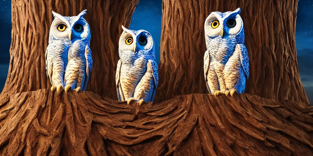 Image similar to A giant two-headed owl with red and blue eyes sitting on a throne carved in a big tree, moonlight, natural light, Cinematic level shot, dynamic pose, award winning photograph, photorealism, beautiful lighting, sharp, details, hyper-detailed, HDR, 8K